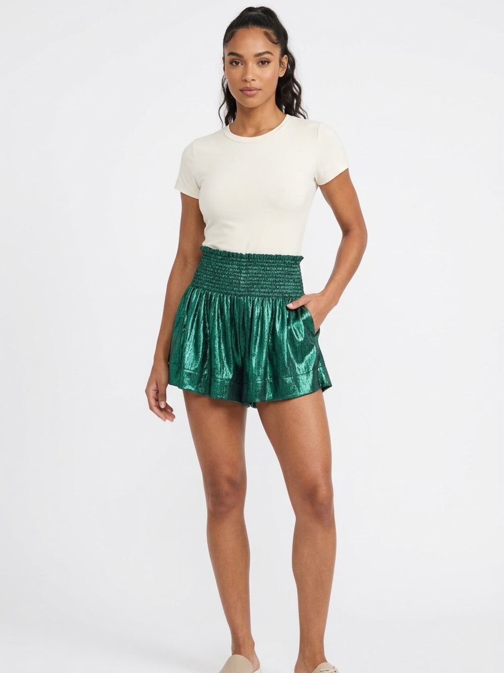 Queen of Sparkles Emerald Green Metallic Smocked Shorts Flared Skort Large